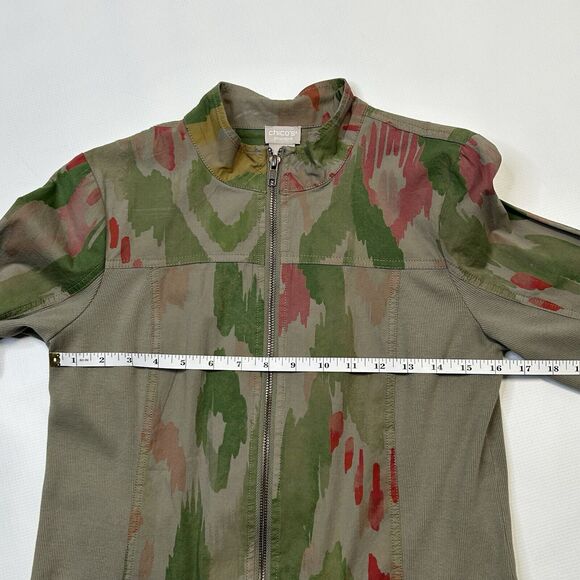 Chicos Zenergy Jacket Womens 0 Small Green Ikat Utility Zip Up Tie 3/4 Sleeve - Picture 13 of 14